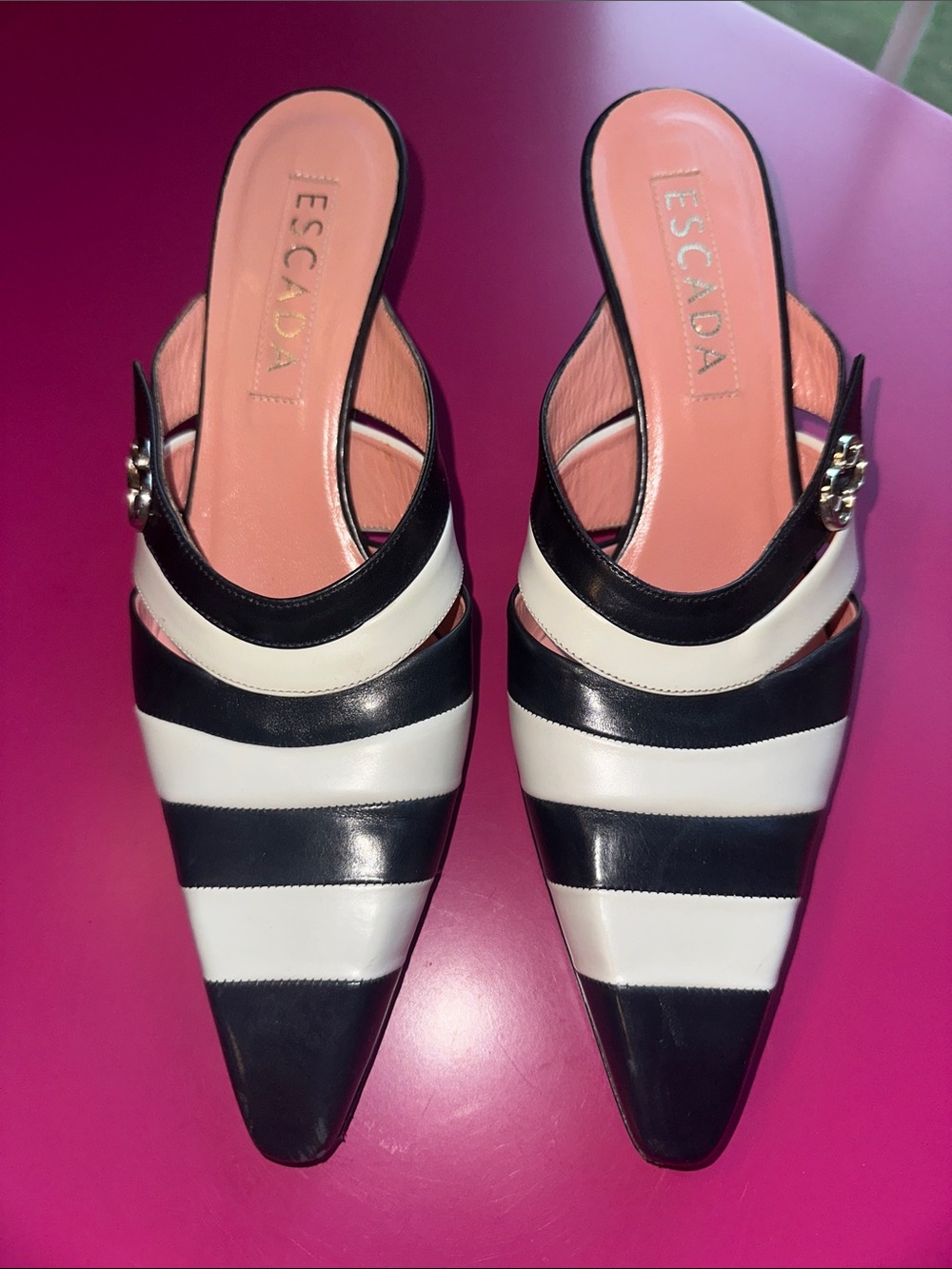 Escada Navy and White Striped Leather Pointed Mule
